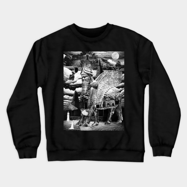 Lamassu Statue Guardian Ancient Mesopotamia Sumeria Assyria Crewneck Sweatshirt by seruniartworks